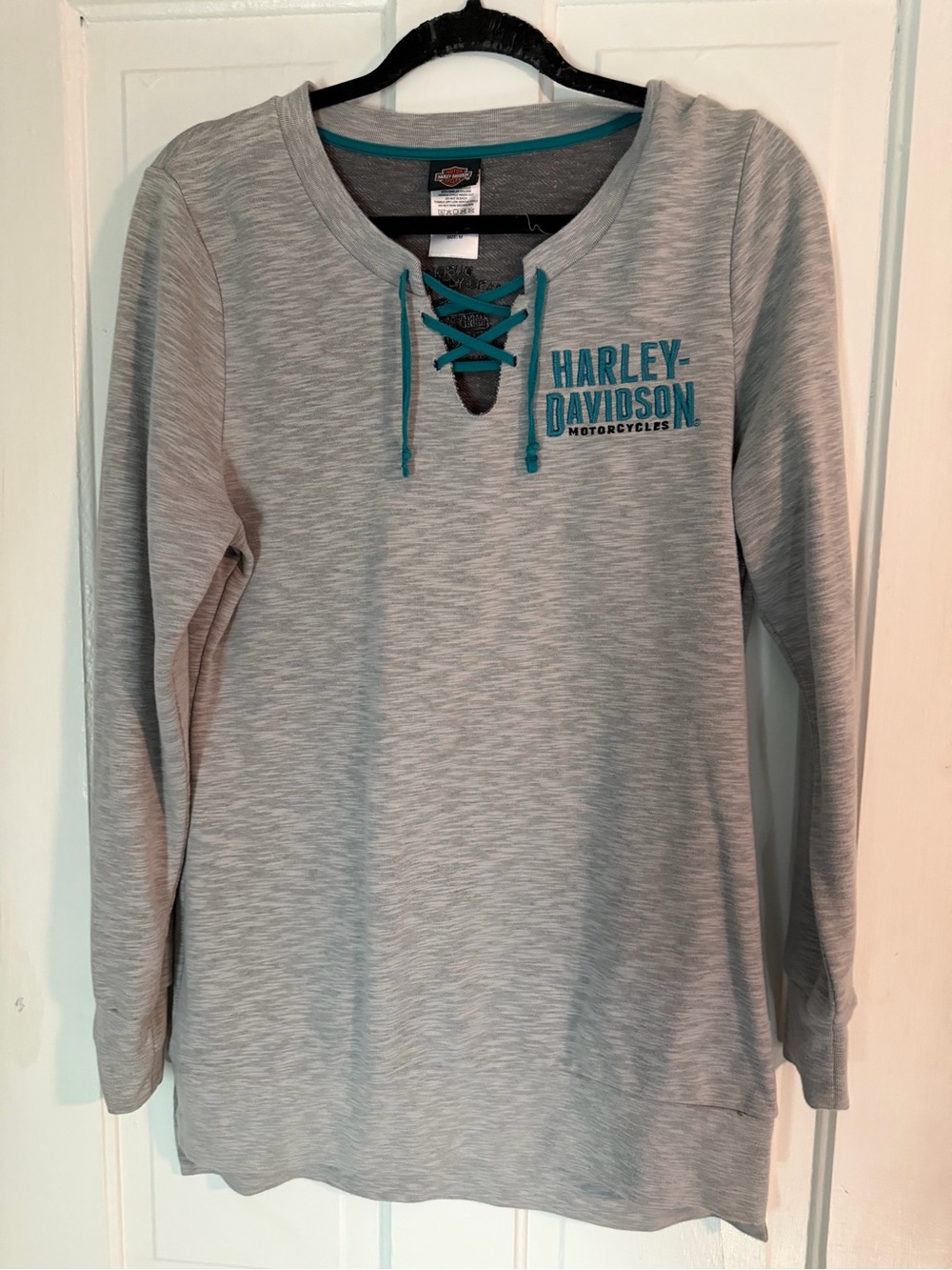 Harley-Davidson Light Gray Pullover Sweater with Teal Lace-Up Detail